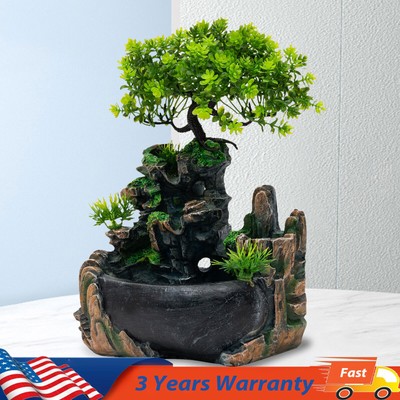 Indoor Water Fountain LED Light Tabletop Resin Rockery Fengshui Waterfall Decor