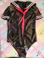 Latex swimsuit JK uniform with red scarf sailor kigurumi unitard 0.4mm