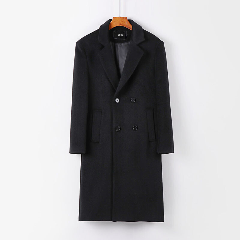 Men's Wool Cashmere Double Breasted Coat Long Jacket Business