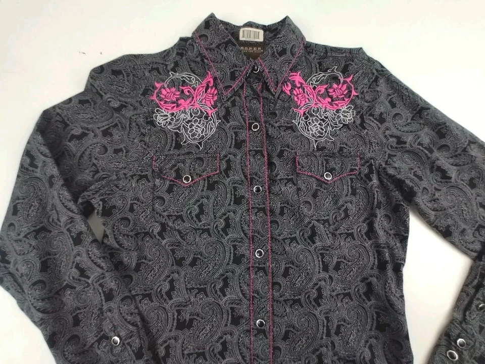 Roper Western Shirt Boys 36 M Pearl Snap Button Up Long Sleeve Embroidered Black - Image 3 of 4