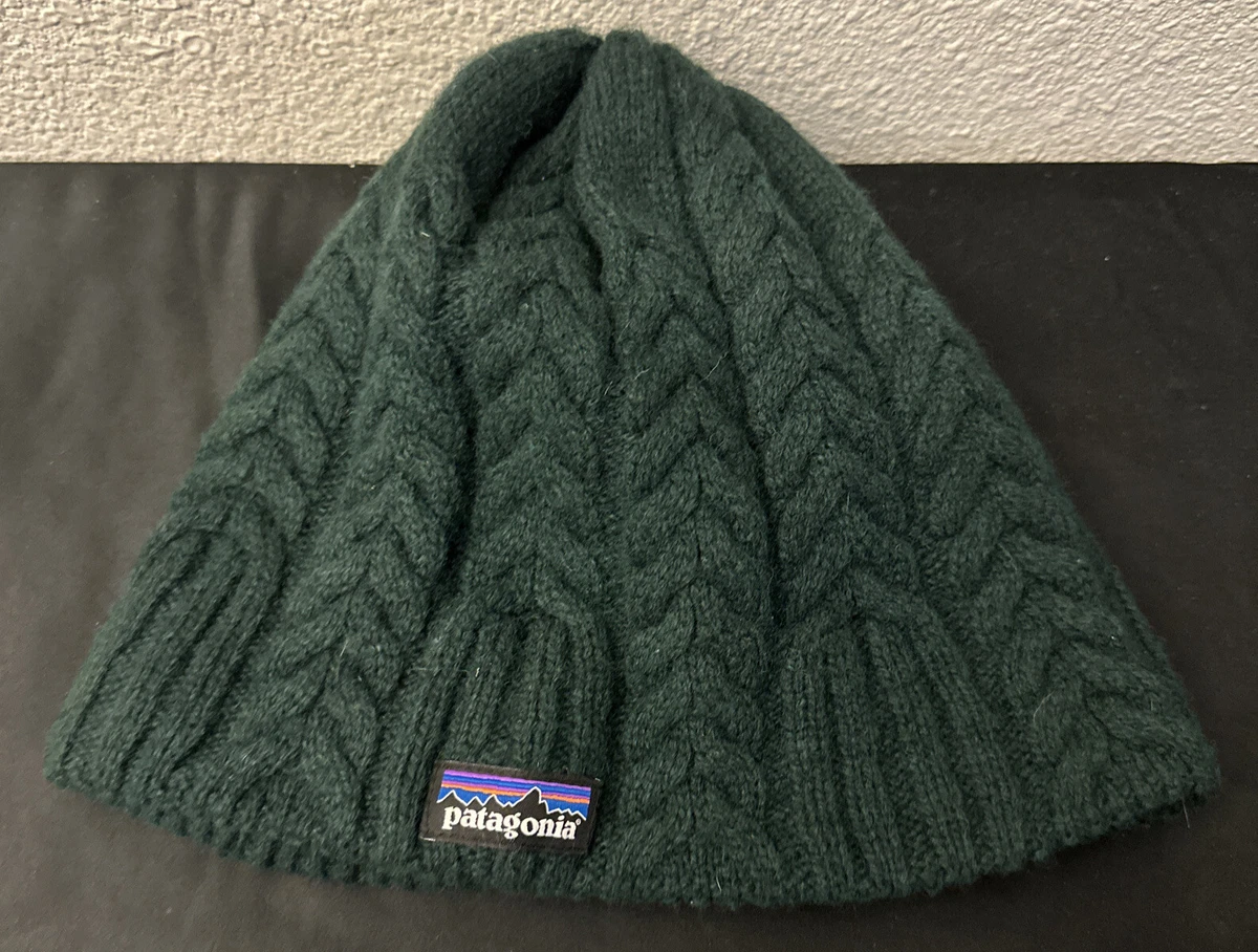 Patagonia Beanie Hat OS Green Cable Knit Wool Blend Fleece Lined Logo