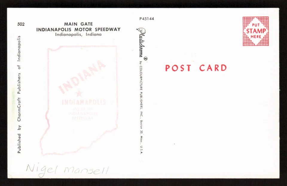 Cartão postal vintage autografado NIGEL MANSELL Indianapolis Motor Speedway INDY 500 - Imagem 2 de 2