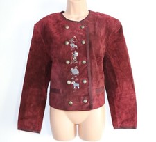 Women's Vintage Leather Sound Burgundy 100% Leather Cropped Trachten Jacket Uk12