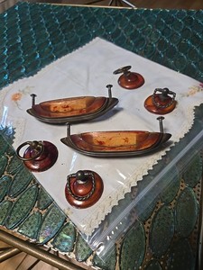 2 Vintage Art Deco Drawer Pulls Metal & Bakelite Celluloid Handles 1930 1940s ++