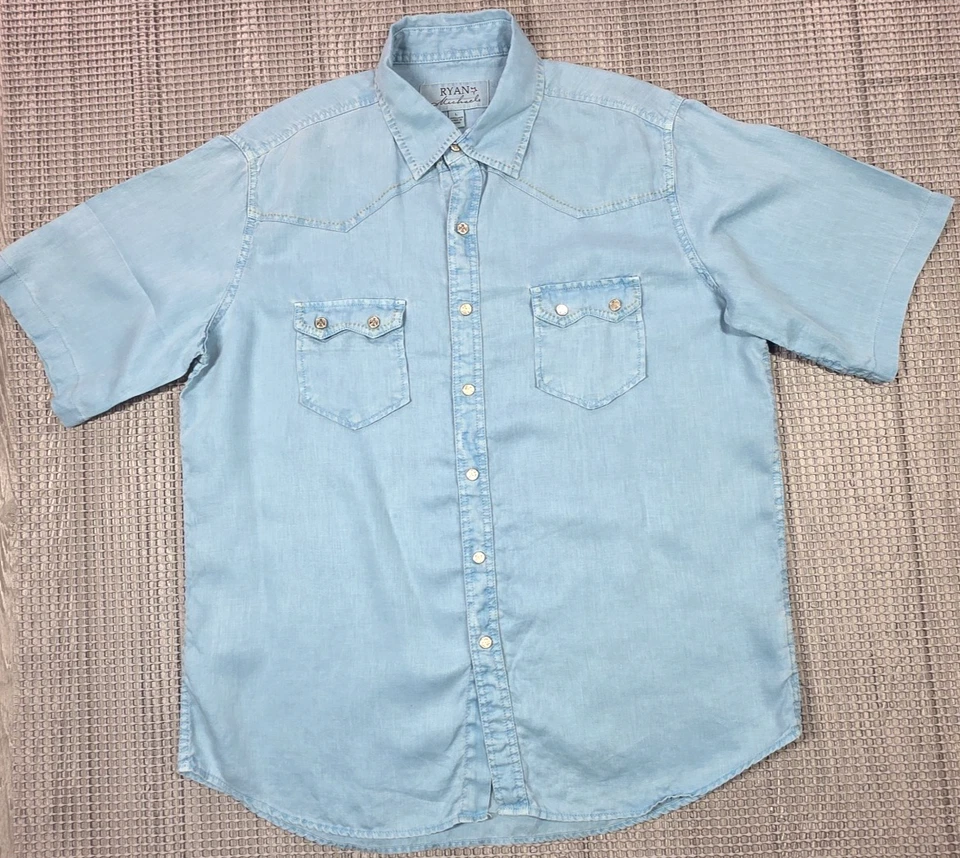 Camisa Western Ryan Michael Para Hombres L L Lino Manga Corta Prenda Teñida Azul Nube Foto 2 de 4