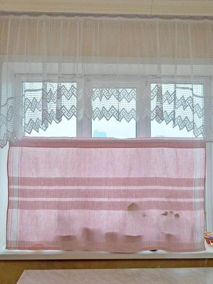 Cortina de lino rosa blanco a rayas decoración hecha a mano cenefa barra bolsillo Foto 2 de 4