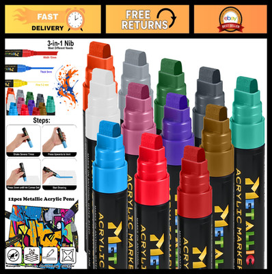 12 Metallic Acrylic Paint Markers - Jumbo 15mm Chisel Tip for Rock, Wood, Glass,