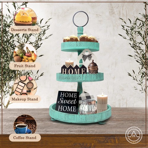 Adjustable 3 Tier Tray Stand With Farmhouse Decor - Teal Decorative Trays, Cu... - Picture 3 of 6