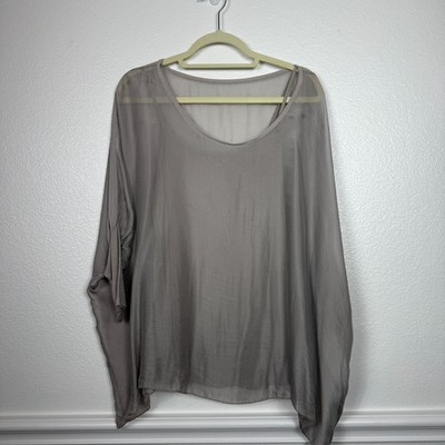 Sofia Silk Blend Tunic Top Women One Size Gray Dolman Sleeve Italy Sheer Layer
