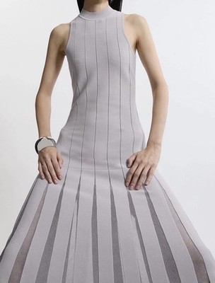 Karen Millen Minimal Design Sheer Detail Knit Maxi Dress Gray - Sz M  Fit Flare