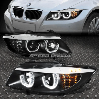 [3D U-Halo DRL+LED Signal] For 05-08 BMW E90 3-Series Projector Headlights Black - Image 1 of 4