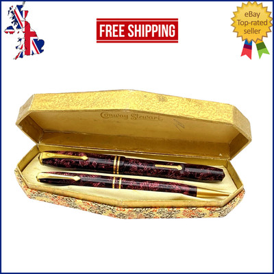 VINTAGE CONWAY STEWART 24 FÜLLFEDERHALTER SET IN PFLAUME HATHT 14K GOLD FEIN NIB