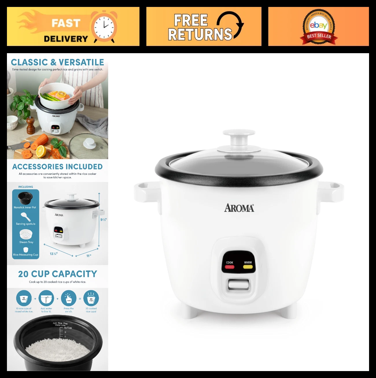20-Cup One-Touch Rice Cooker & Food Steamer | Auto-Warm, 10 Cups Uncooked