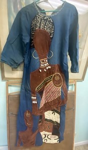 Vintage African Village  Application  African Woman Embroidery Denim Long Dress