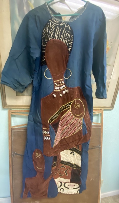 Vintage African Village  Application  African Woman Embroidery Denim Long Dress