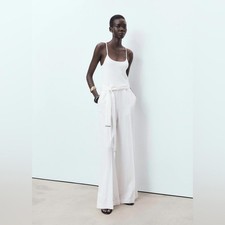 Mango Wide Leg Jumpsuit Size Medium White Belted Sleeveless