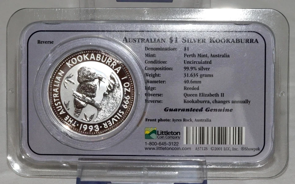 Moneda Australia 1993 Cucaburra BU 1 OZ .999 plata Littleton Show Pack correo gratis Foto 3 de 4