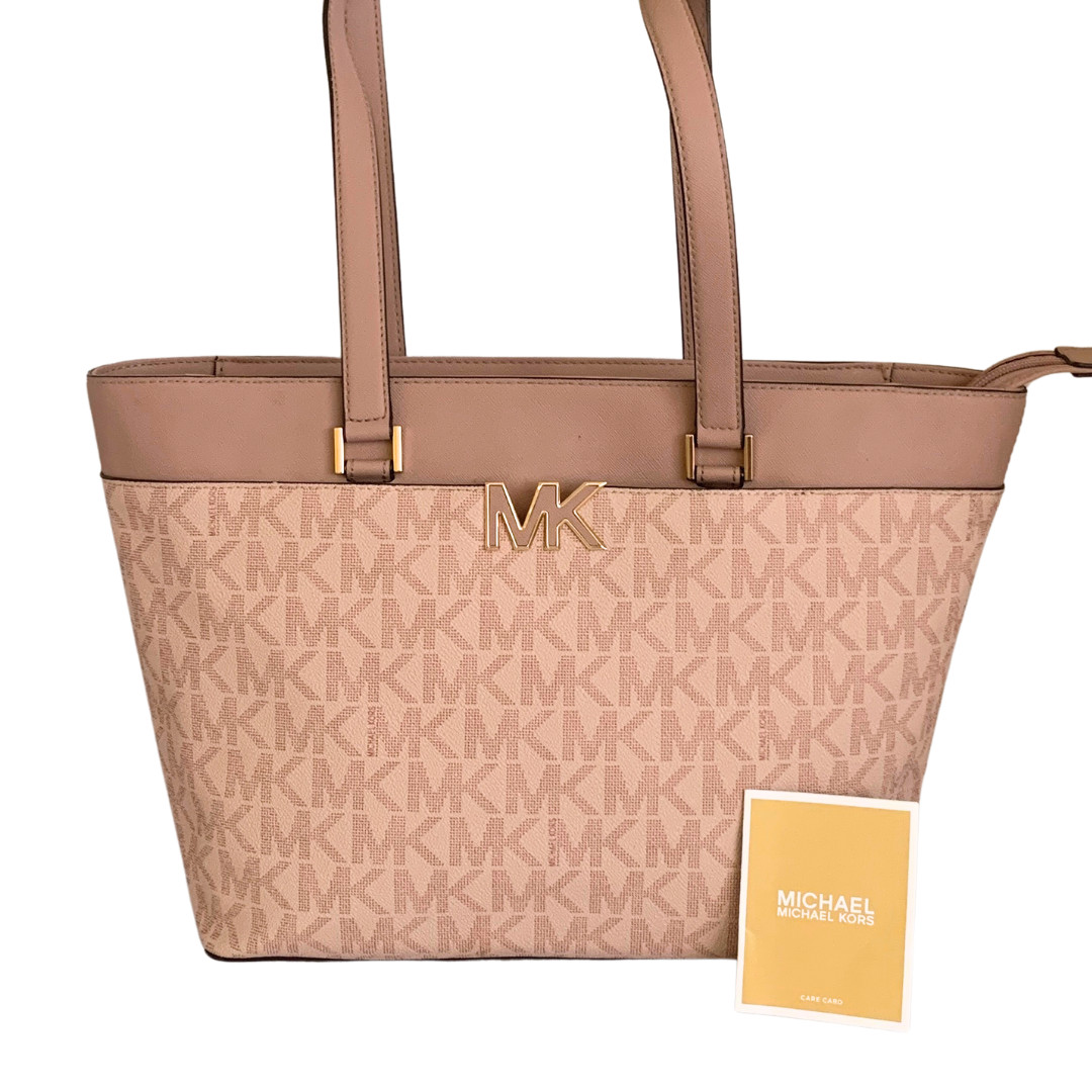 Michael Kors Signature MK Tote Blush Pink Zip Top Shoulder Bag Gold Logo