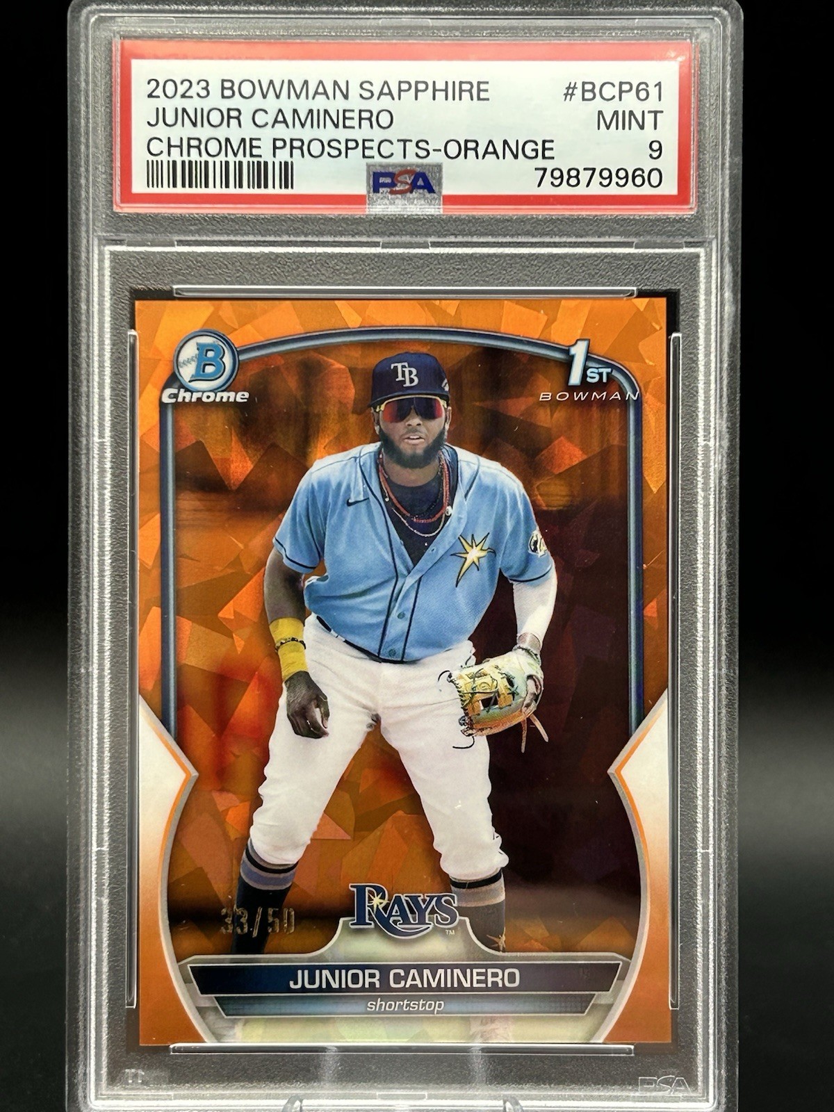 Junior Caminero PSA 9 2023 1st Bowman Chrome #61 ORANGE SAPPHIRE 33/50 RC B723