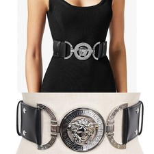 sz XL NEW 850 VERSACE Black Leather Elastic LARGE MEDUSA BUCKLE Wide '95 BELT