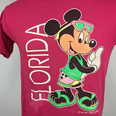 Vintage 80s 90s Florida Mickey Mouse Neon Hot Pink Distressed Thin