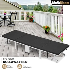 Folding Camping Cot Rolling Reclinable Office Guest Sleeping Bed w/Foam Mattress