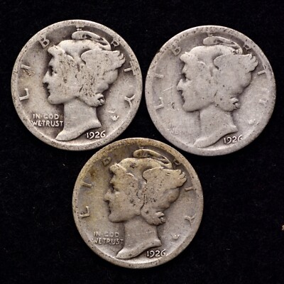 1926 P D S (3 PIECE LOT) Mercury Silver Dime AG / ABOUT GOOD FREE SHIPPING 