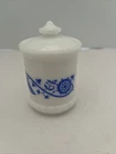 Vintage Hazel Atlas White Milk Glass Blue Sweet Pea Spice Apothecary Jar w/Lid