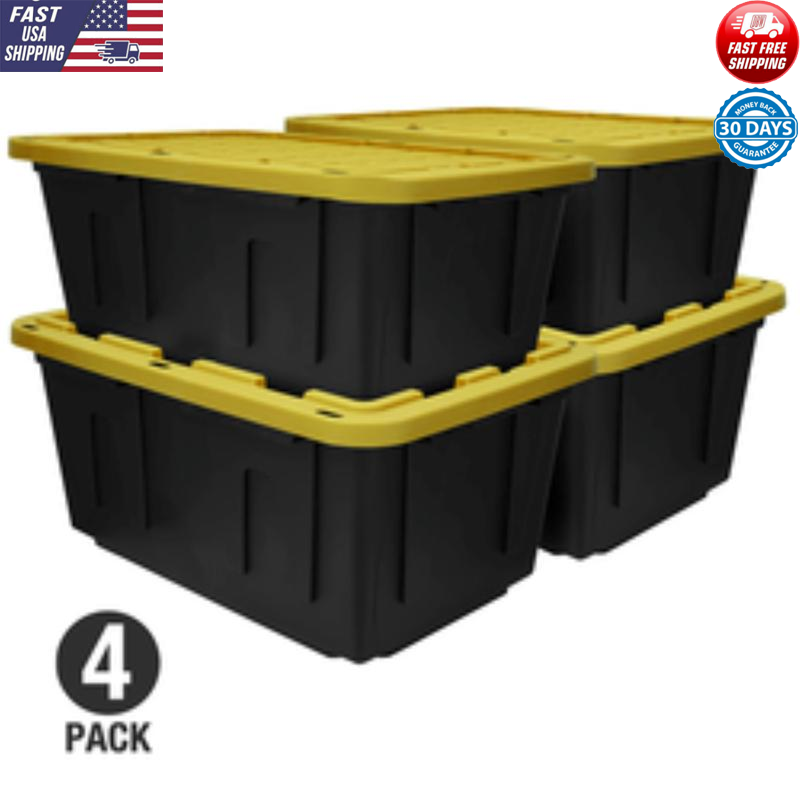 Heavy Duty 27 Gallon Stackable Plastic Storage Totes W/ Snap Lid Set of 4 New