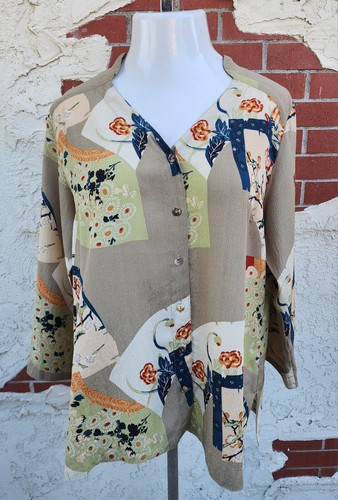 XL women CITRON Santa Monica Bird Asian Button 3/4 Long Sleeve Shirt 100% SILK - Picture 14 of 22