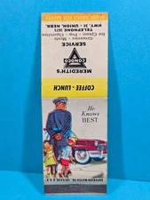 Vintage Matchbook Cover MEREDITH’S CONOCO SERVICE Gas Station Union Nebraska NE