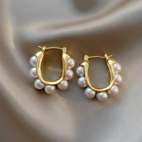 Fashion Woman 14K Gold Plated Pearl Earring Clip Hoop Huggie Ear Drop Dangle - Picture 1 of 7