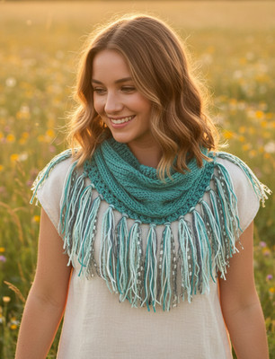 NEW Hand Knitted Jade Green Boho Cowl Scarf Fringe Cottage Whimsy Artsy Fairy