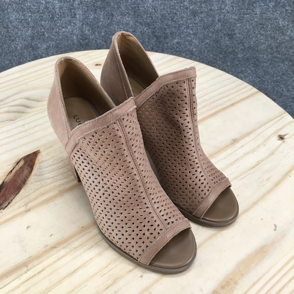 Botas Lucky Brand para mujer 8M Livey botín al tobillo marrón punta abierta informales tacones en bloque Foto 3 de 4