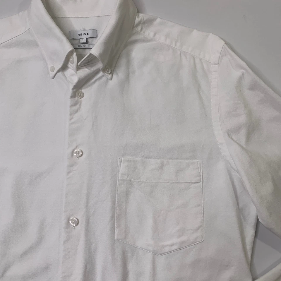 Camisa Reiss Para Hombres L Grande Blanco Algodón Calce Ajustado Botones Boda Vestido Formal Foto 3 de 4