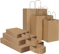 90 Pack Brown Kraft Paper Bags with Handles Assorted Sizes Bulk Gift Favors