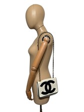 Vtg Chanel 90s Ivory CC Logo Leather Flap Bag