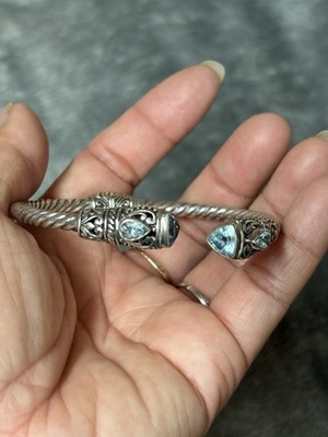Annika Witt Bali ATI 925 Sterling Silver Hinged Blue Topaz Cable Cuff Bangle 20g