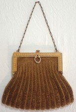 VINTAGE GOLD GLASS BEADS FABRIC  FRAME PURSE EVENING BAG