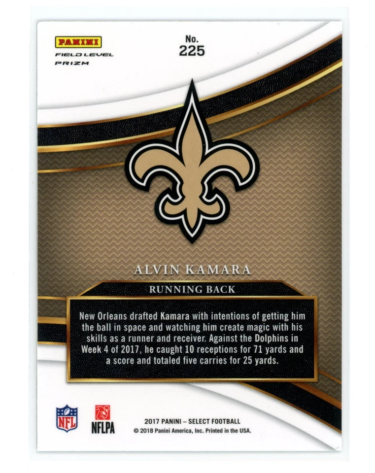 2017 Panini Select Field Level Silver Prizm Alvin Kamara #225 Rookie RC Saints - Image 2 of 2
