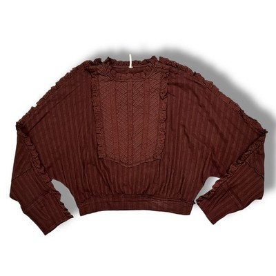 FREE PEOPLE More Romance Shirt Large Chocolate Brown Ruffles Boho Bohemian A-5