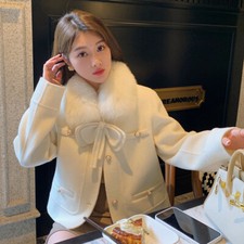 2024 Nuovo Cappotto Donna Pelliccia di Volpe Collo 100% Lana Cashmere Cappotto Corto Giacche Calde