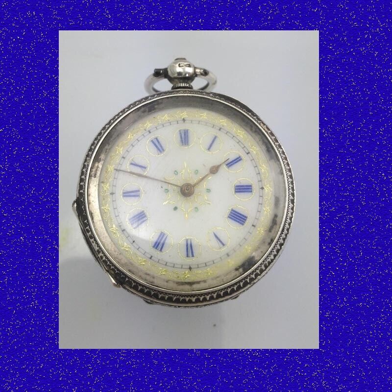 Pretty Swiss Silver Lepine Key-WInd 15 Jewel Polychrome Enamel Pocket Watch 1880