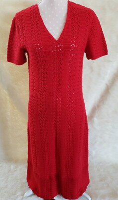 Vintage Red Hand Made Crocheted Designer Boho Dress Size M, Bust 36 