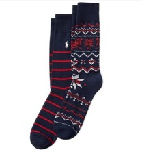 Polo Ralph Lauren Fair Isle Stripe Crew Socks 2 Pack Navy NWT