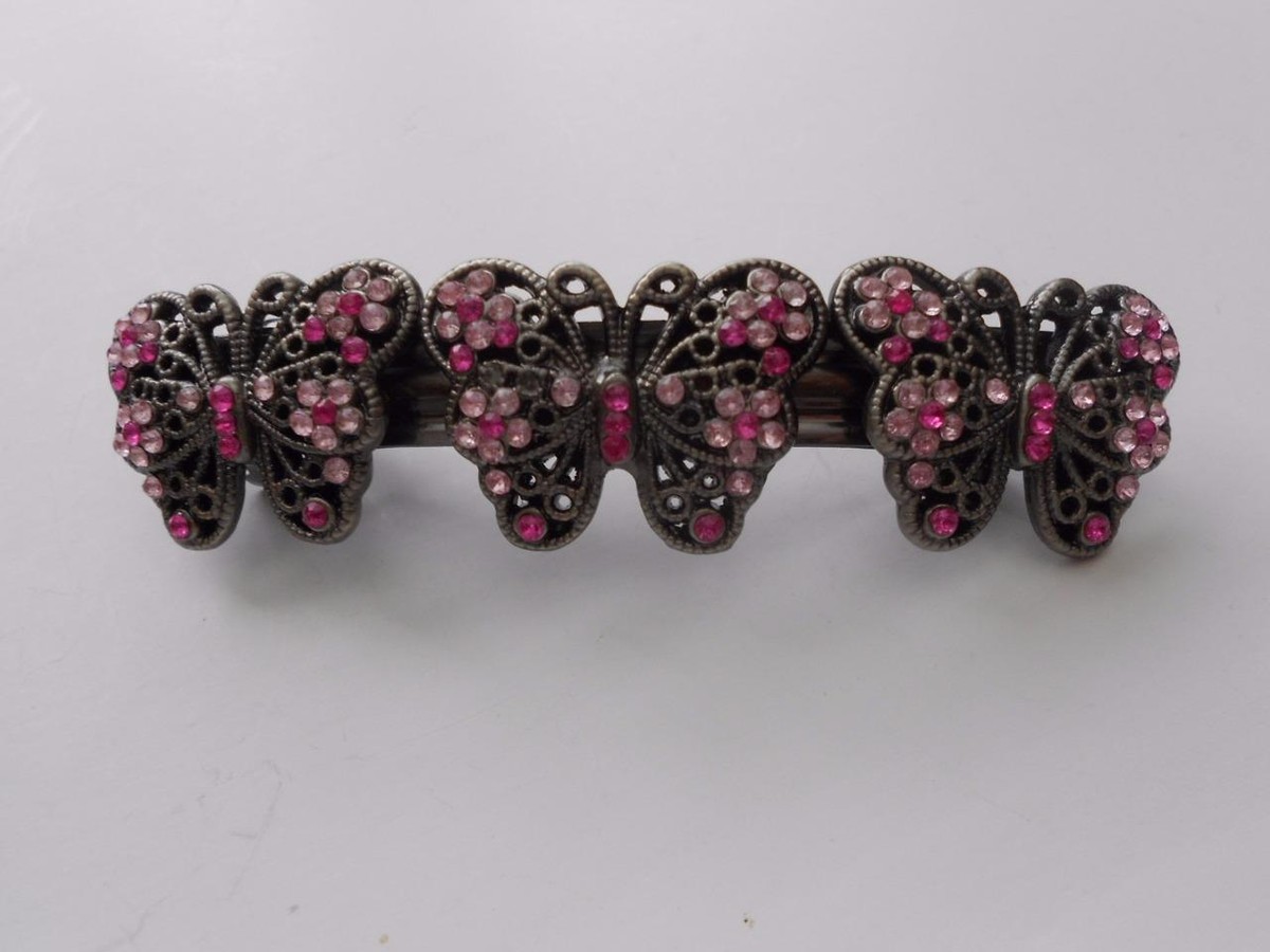 Pink Rhinestone Butterfly Hair Clip Barrette Pewter | eBay