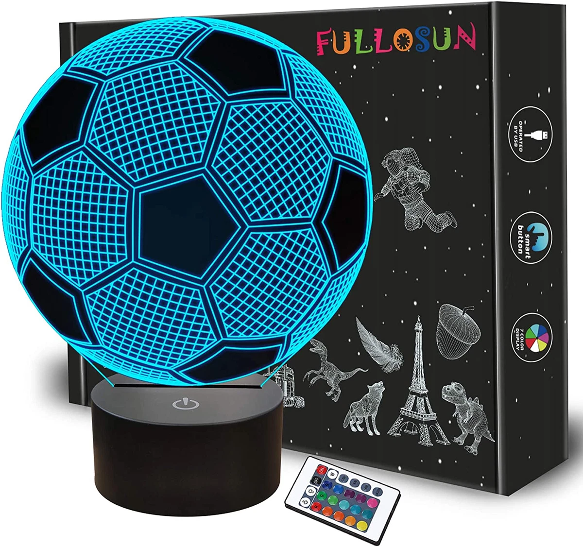 FULLOSUN Kids Night Light Soccer 3D Optical Illusion Lamp with