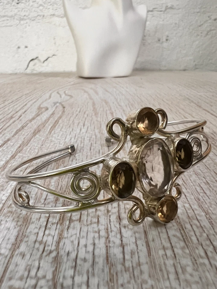 Cuff bracelet Smoky Quartz Topaz Gemstones signed 925 Silver Plated - Image 4 of 4
