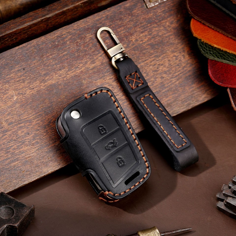 Leather Remote Key Fob Cover Case Holder Shell for Volkswagen Tiguan