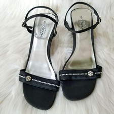 Toscana Ankle Strap Heels Size 8 Black Rhinestones Floral Buckle Open Toe 2.5"